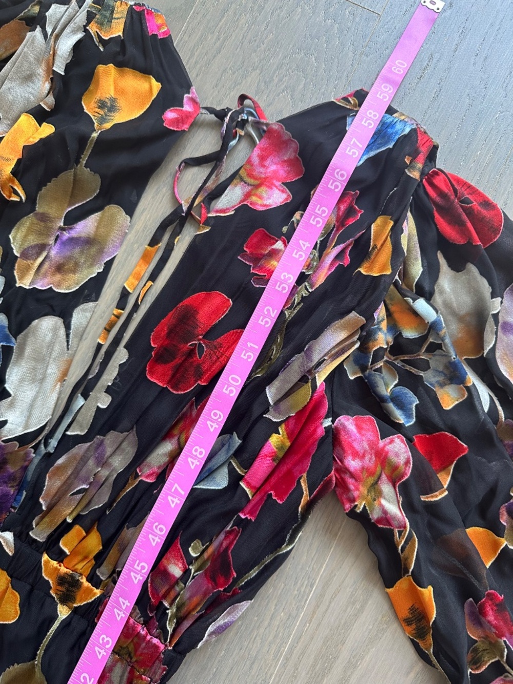 Alice + Olivia Floral V-neck Maxi Dress Black Satin Blouson Sleeve Size 2 - Picture 9 of 9